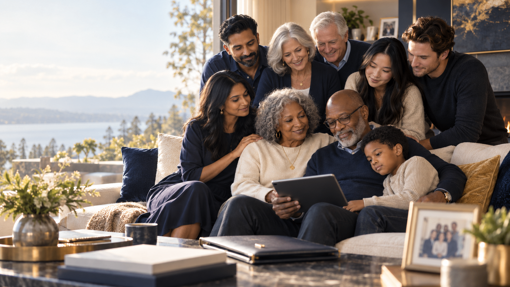 A large multi-generational, multi-ethnic family gathered together looking at a tablet
