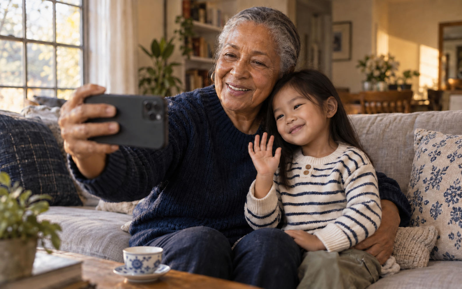 A grandmother and her grandchild recording a message together on a phone at home